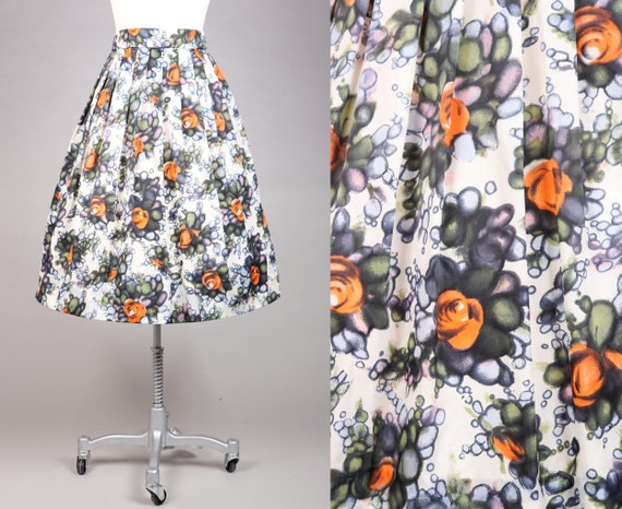 Late 1950s Nylon Watercolor Roses Skirt | XXS - image 1