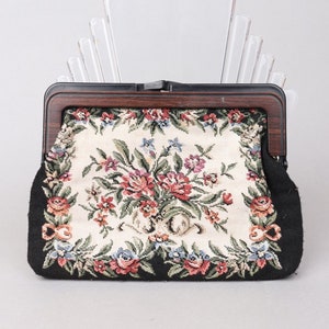 Vtg 1970s Floral Tapestry Faux Wood Clutch