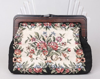 Vtg 1970s Floral Tapestry Faux Wood Clutch