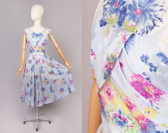 Robe florale en nylon transparent bleu VTG des années 1950 | ML