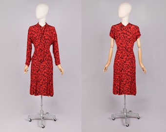 VTG 1950er Jahre Zweiteiler Neuheit Print Set Dress Jacket | S
