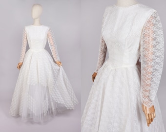 Vtg 50er 60er Jahre Weißes Brautkleid mit Blumenspitze | S