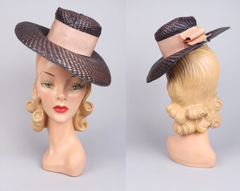 1940s Blue Salmon Pink Ribbon Woven Straw Topper Tilt Hat