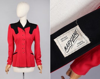 Blazer "Mary-Lane" sartoriale rosso nero della fine degli anni '40 e '50 / XS
