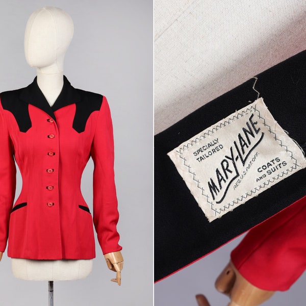 Späte 1940er 50er Jahre Rot-Schwarz-geschneiderter 'Mary-Lane' Blazer | S