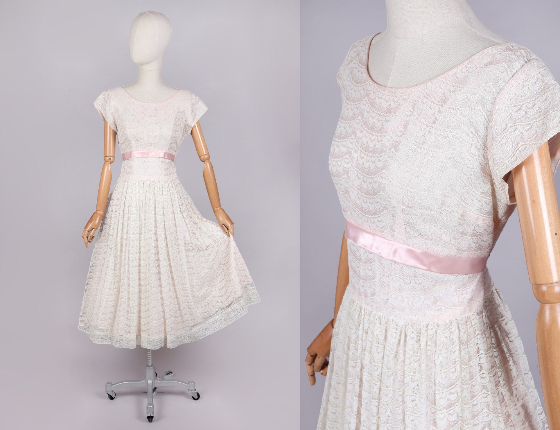 Vtg 1950s encaje floral y vestido de cinta rosa / S