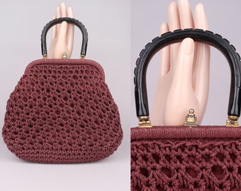 Sac au crochet noir prune VTG des années 1950-60