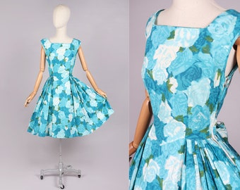 Vtg Late 1950s Blue Green Roses Bow Dress | XS