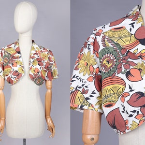 Vtg late 50s 60s Novelty Print Cotton Bolero Jacket | XS-S