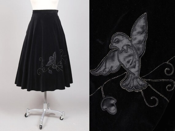 Vintage 70s does 50s Black Velvet Bird Circle Skir