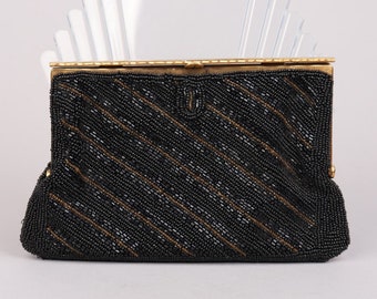 Vtg 1950s Black Gold Micro Beaded Clutch Bag
