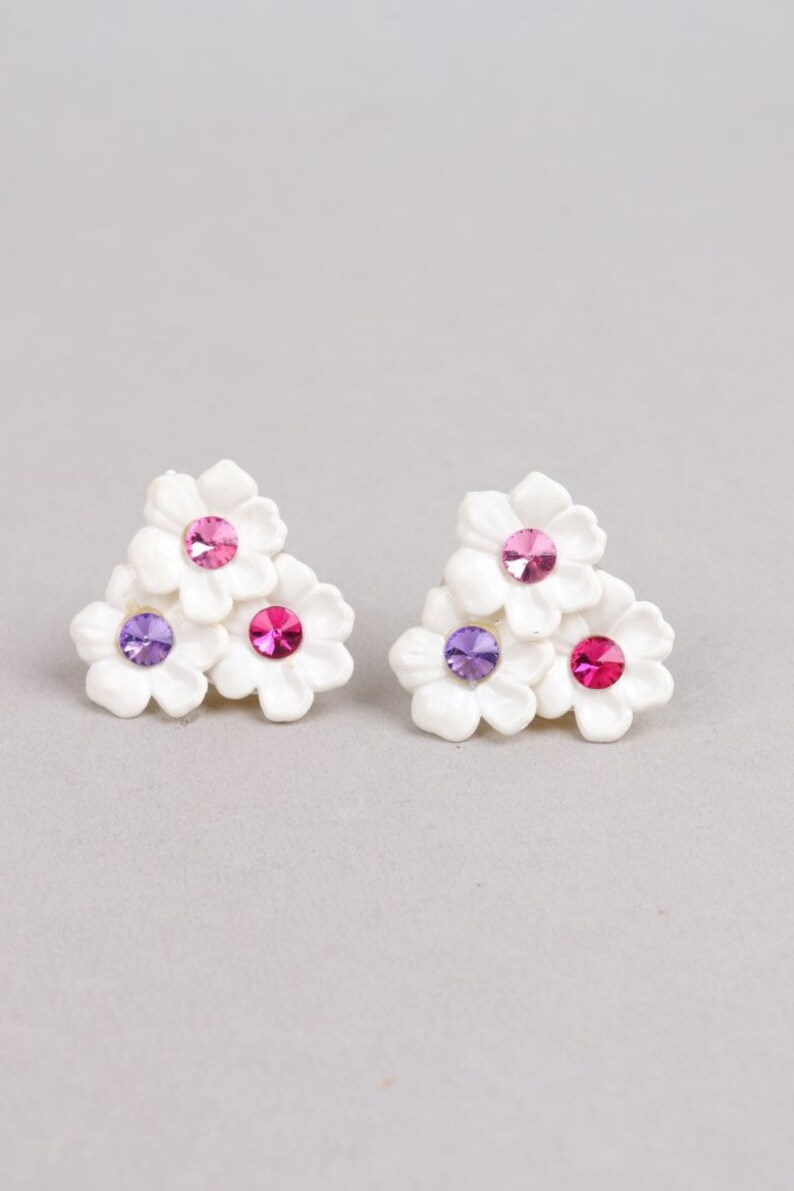 Large White Floral Rhinestone Clip Earrings image 2