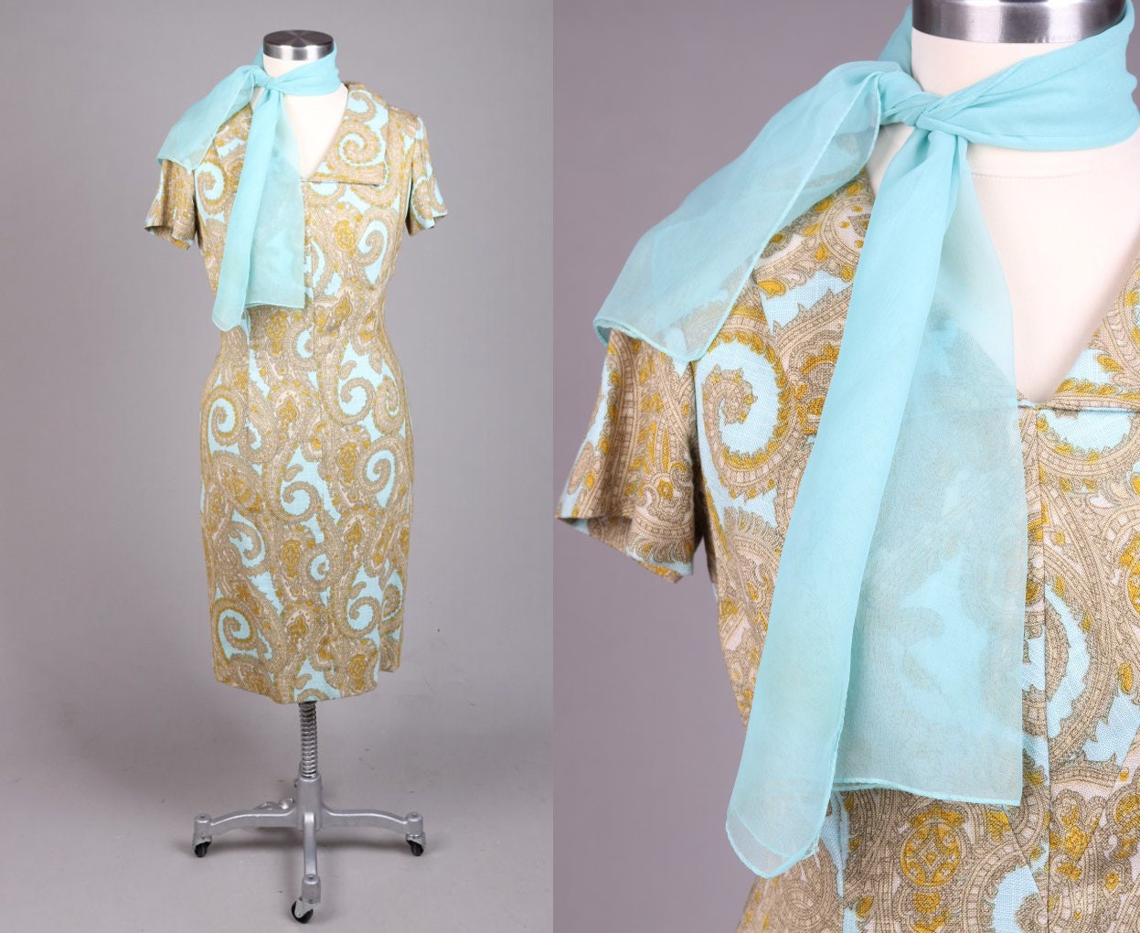 Vtg Early 1960s ‘Neusteters Denver Colorado’ Paisley Dress with Scarf | M