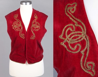 Vtg Red Velvet Gold Embroidery Theater Vest | M