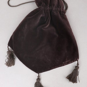 Art Deco Brown Velvet Bestring Drawstring Tassel Pouch Bag Antique Vtg imagen 3