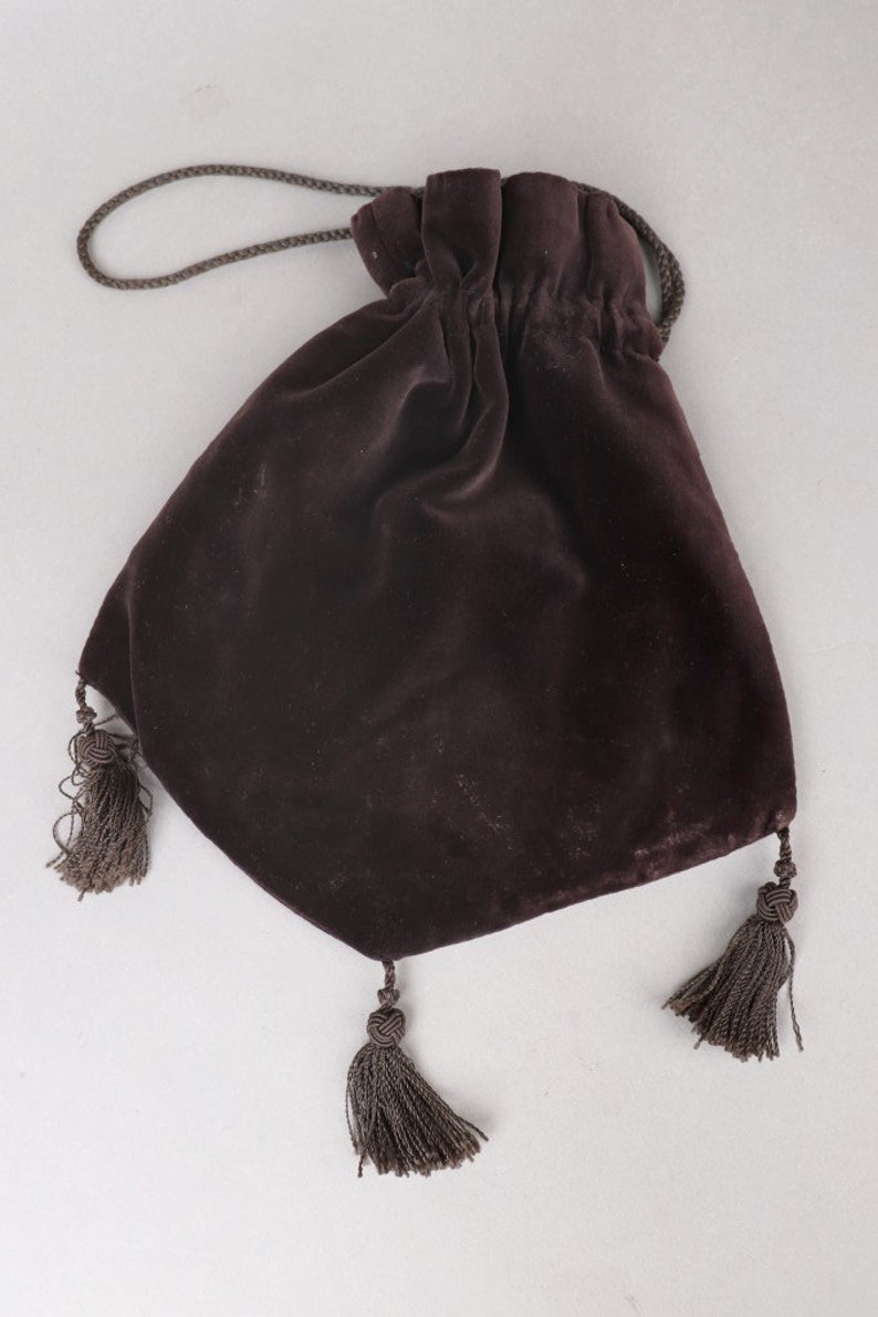 Art Deco Brown Velvet Bestring Drawstring Tassel Pouch Bag Antique Vtg imagen 3