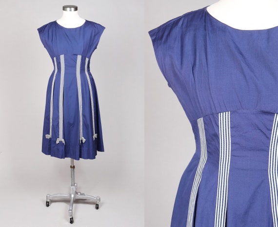 Vtg 1950s 50s Fifties Deep Blue White Striped Bow