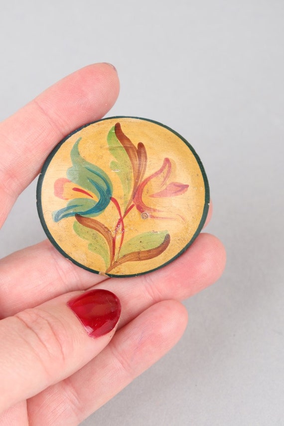 Vtg 1940s  Wooden Hand Painted Floral Brooch - image 3