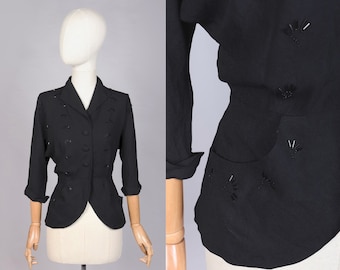 VTG 1950s Black Rayon Crepe Beaded Jacket | S