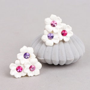 Large White Floral Rhinestone Clip Earrings image 1