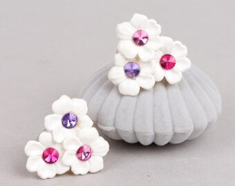 Large White Floral Rhinestone Clip Earrings