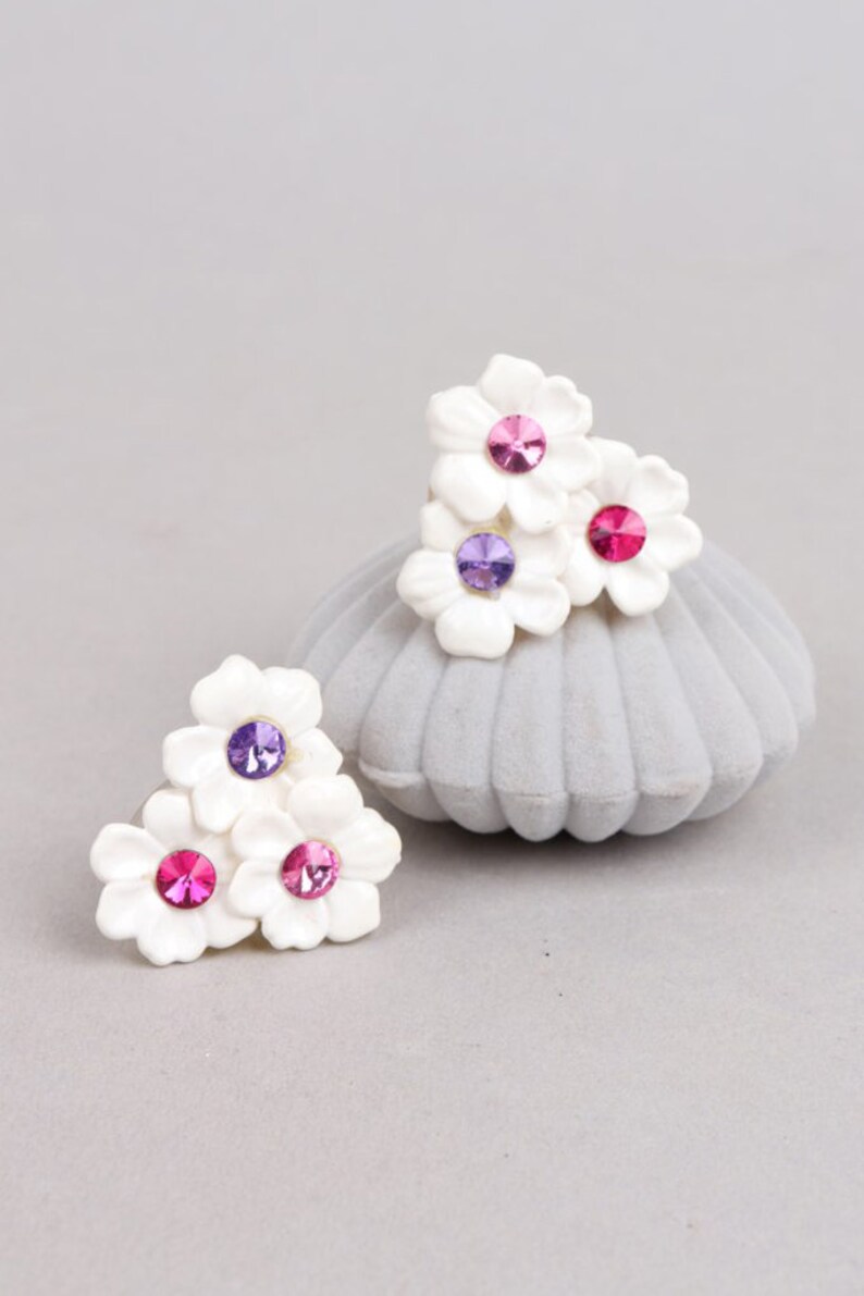 Large White Floral Rhinestone Clip Earrings image 1