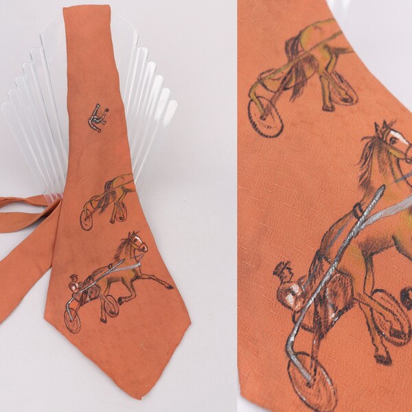 VTG 1940s Hand Painted ‘Harness Racing’ Ty-Craft Ltd. Necktie