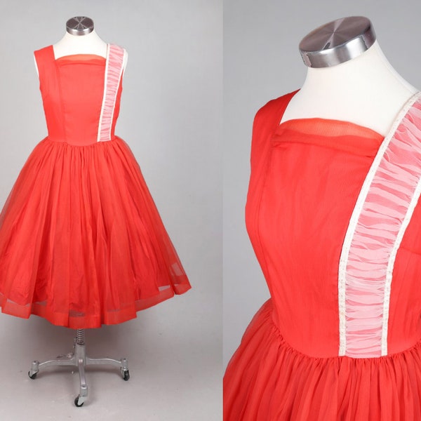 Vtg années 1960 Tomate Rouge Mousseline Cocktail Bal Robe Formelle | Xs