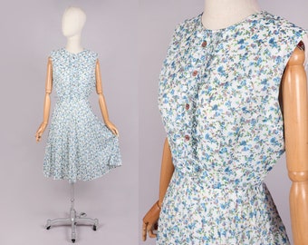 Vtg 1960er Jahre blau grünes Blumen plissiertes Kleid | S