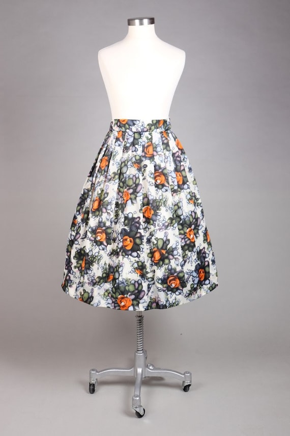 Late 1950s Nylon Watercolor Roses Skirt | XXS - image 2