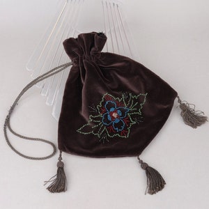 Art Deco Brown Velvet Beaded Drawstring Tassel Pouch Bag Antique Vtg image 4