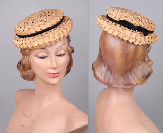 Vtg 1950s Coarse Woven Straw Hat 50s Summer Hat Wi