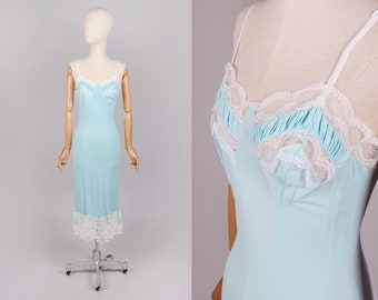 Vtg 1950er Blaues Spitzen Slip Kleid Deadstock | XXS-XS