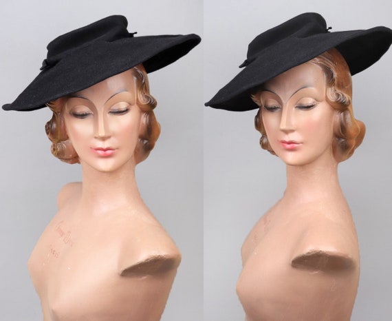 Vtg 1950s Black Felt Wide Brim Saucer Plate Hat