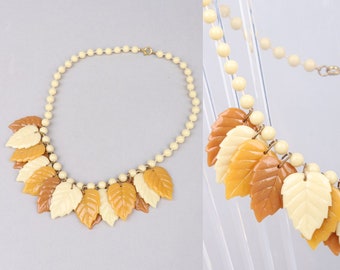 Vtg Light Brown Tones Leaf Necklace 30s inspired (Never Used)