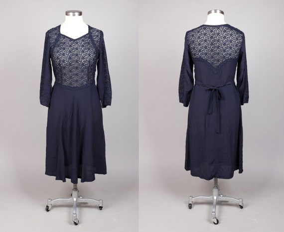 Vtg 1940s Navy Blue Floral Lace Dress | M