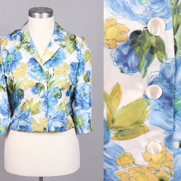 Vtg Early 1960s Watercolor Flower Jacket Sixties Floral Lined | M