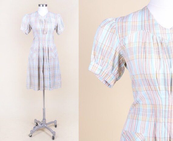 Vtg 30s 40s Checkered Cotton Day Dress | XS – Peti