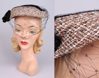 VTG 1950s Woven Two Tone Raffia Veil Hat