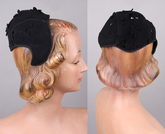 Vtg 1940s Black Felt Cutout Flower Fascinator Hat