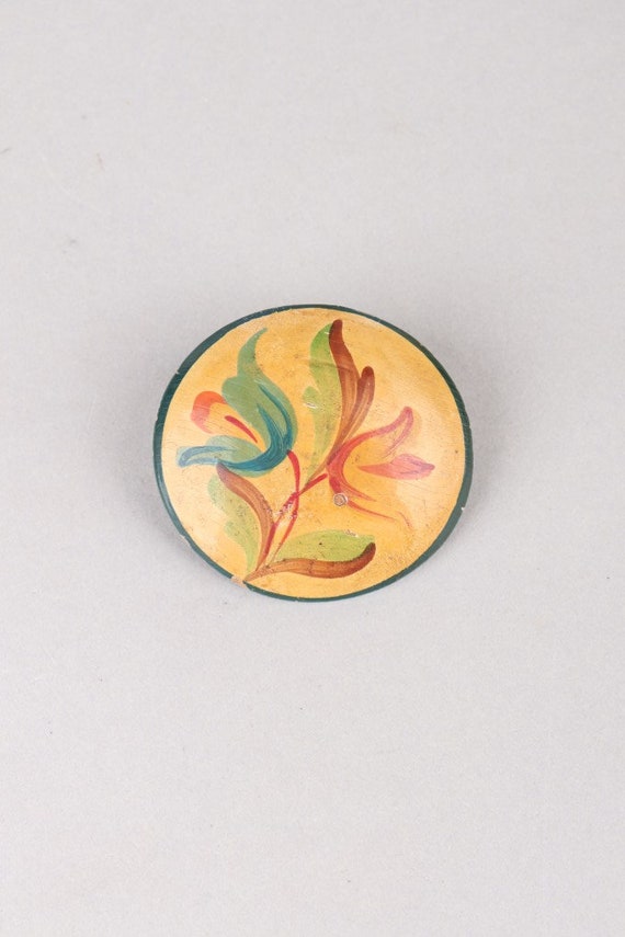 Vtg 1940s  Wooden Hand Painted Floral Brooch - image 2