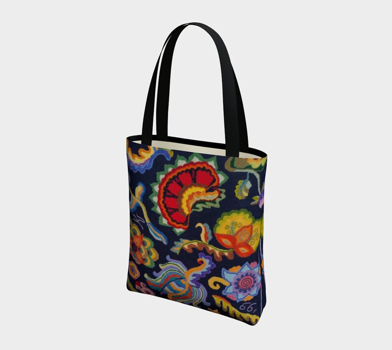 Shopping Bag features crewel designs digitally reproduced from an original hooked rug by Kris Noble Carryall Versatile Floral Art Tote Bag