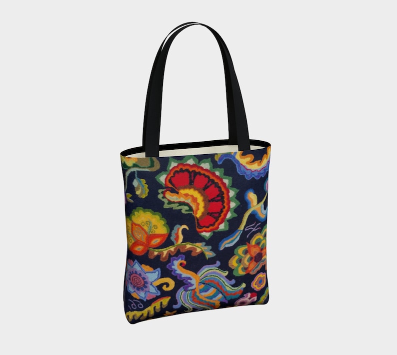 Shopping Bag features crewel designs digitally reproduced from an original hooked rug by Kris Noble Carryall Versatile Floral Art Tote Bag