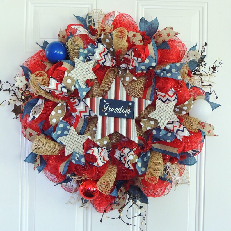 Tin Star 4th Of July Wreath Primitive Americana Front Door Wreath Rustic Red White And Blue Patriotic Star Door Hanger July 4th Decoration