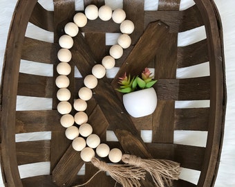Wood Bead Garland With Cross – Farmhouse Beaded String With Tassel, Rustic Home Decor For Vase Or Wall