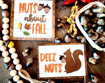 May include: Two wooden signs with fall-themed phrases and a squirrel illustration. One sign reads "Nuts about Fall" with leaf and acorn accents. The other says "Deez Nuts" with a squirrel holding an acorn. Acorns and decorative beads surround the signs.