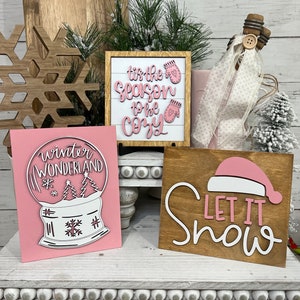 Pink Winter Tiered Tray Signs, Winter Tiered Tray Set, Christmas Tiered Tray, Christmas Signs, Pink Christmas