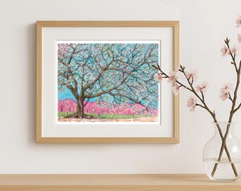 Cherry Blossom Tree Art Print – 5x7 and 8x10 Spring Landscape Illustration – Botanical Wall Art from Original Moleskine Sketch
