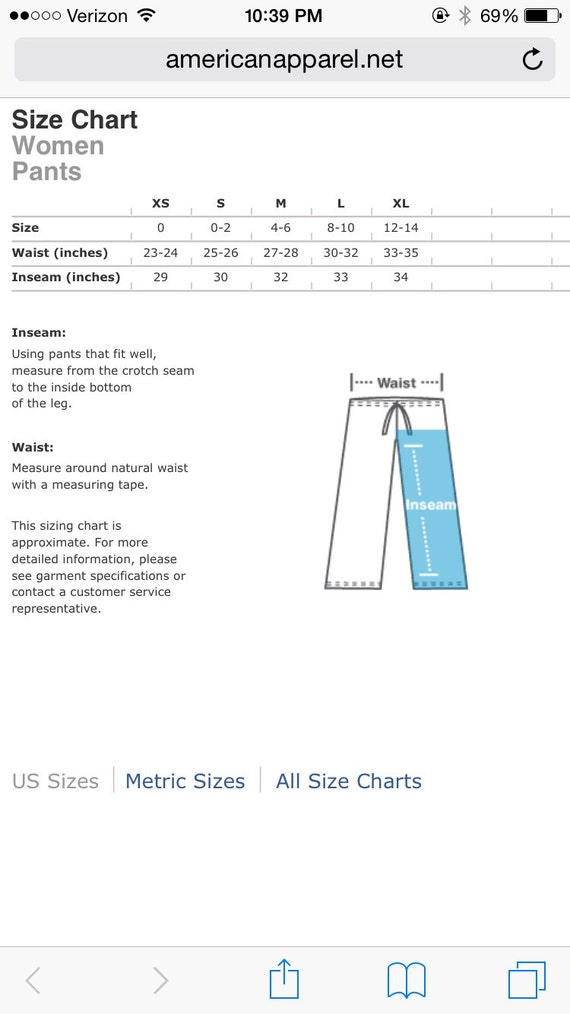 American Apparel Denim Size Chart