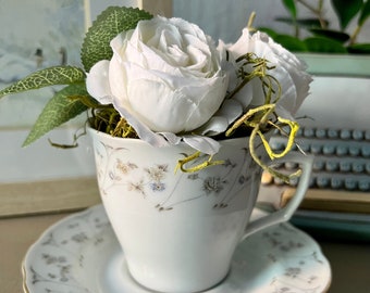 Tea Cup with Flowers, Faux Flower Arrangement, Faux Flower Centerpiece, Floral Tea Cup Arrangement, Cottage Chic Floral